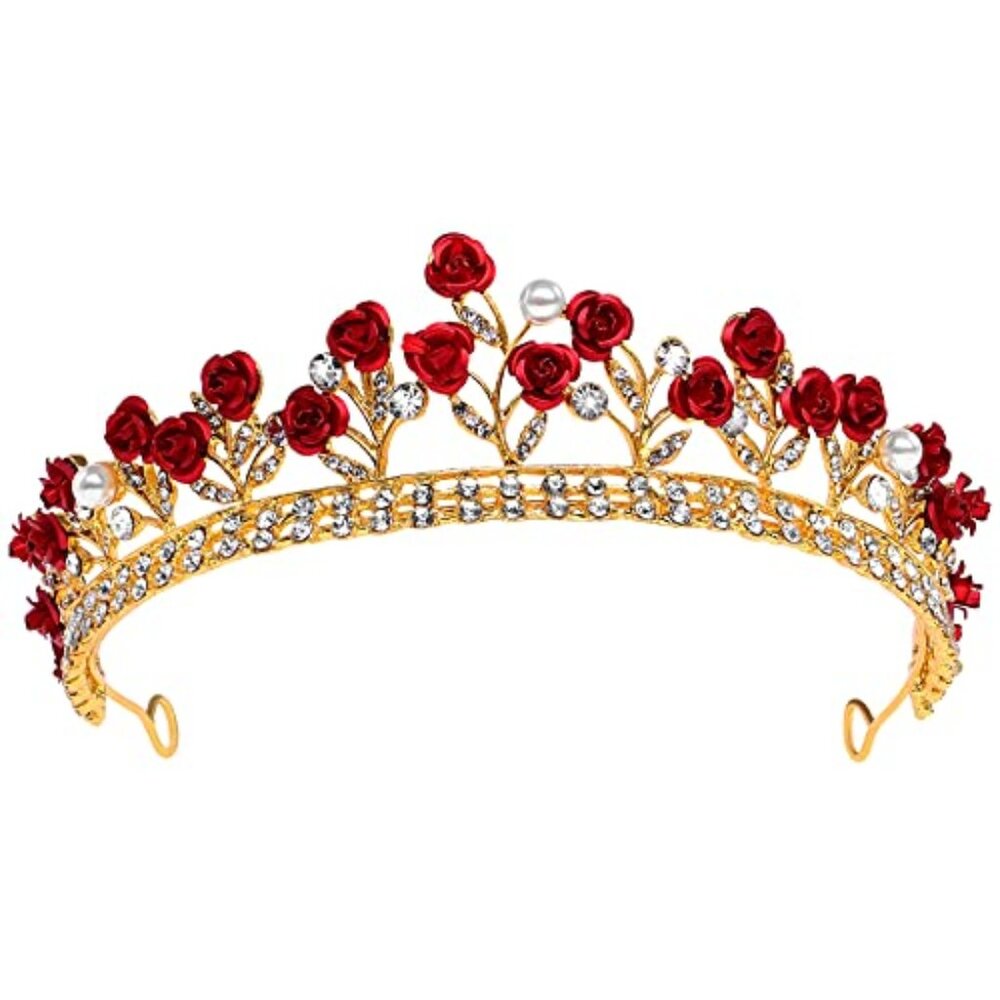Red Rose Bridal‎ Tiara Bride Headdress Alloy Rhinestone Wedding Crown for Prom